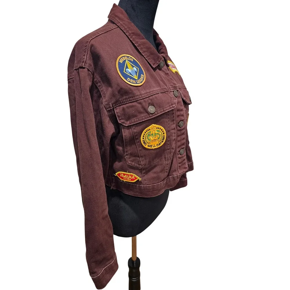 Stoosh Patchwork Denim Jacket Women Sz‎ L Brown Cropped Scout Patches Streetwear
